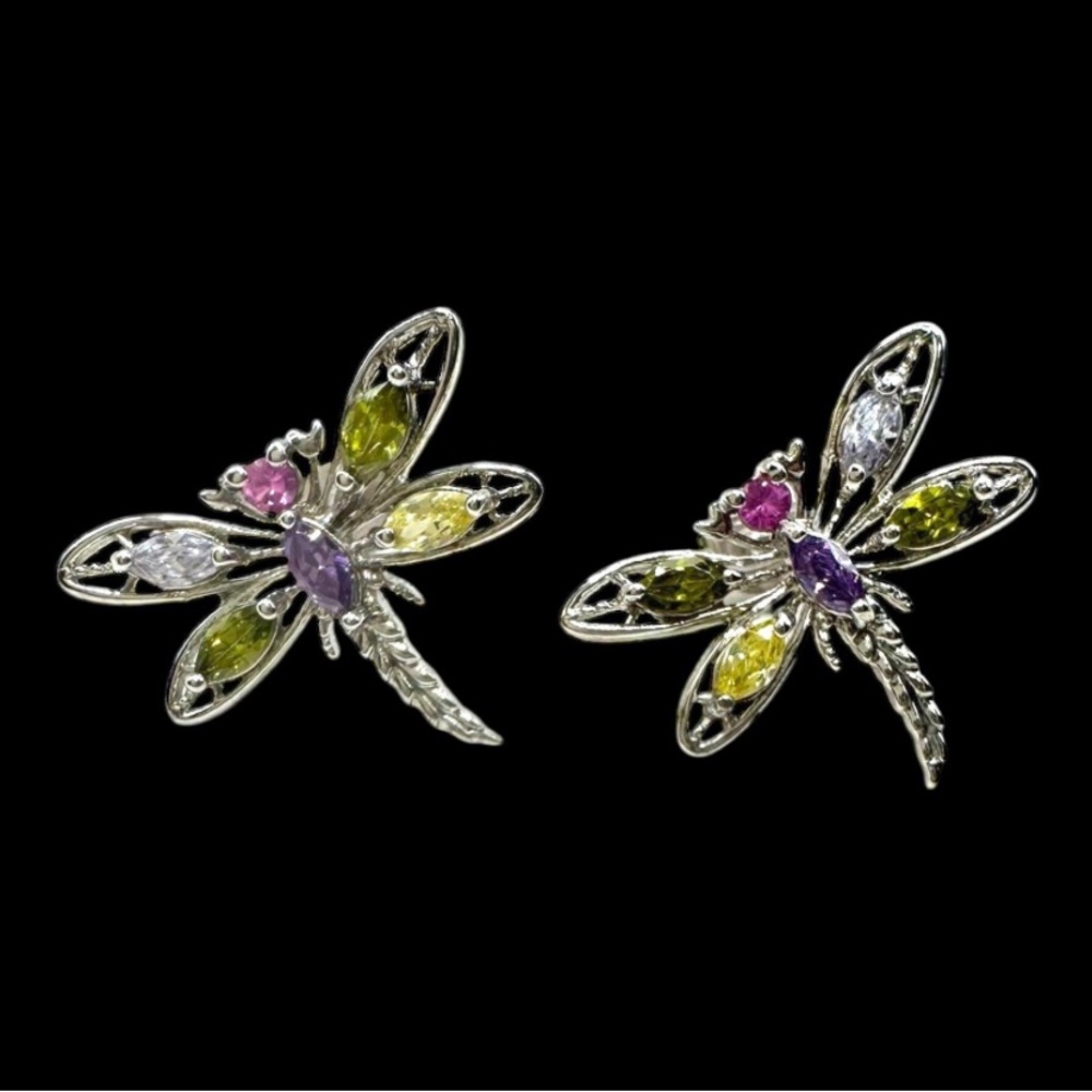 Silver 925 Dragonfly Stud Earrings w/ Multicolor Glass Stones